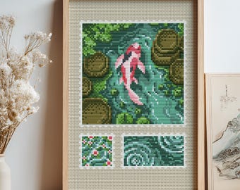 Relaxing Water Lily Koi River Cross Stitch Pattern: Spring Zen japanese pond stamps  (PDF Pattern + Pattern Keeper PDF)