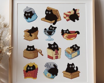 Cute minimalist black cats in boxes cross stitch pattern. Small Kawaii kitten embroidery. Cat lover needlepoint gift