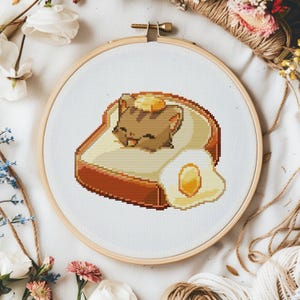 Cute breakfast cat cross stitch pattern. Cat, butter, egg and bread pattern. Kawaii cat food cross stitch. No AI Easy cross stitch pattern