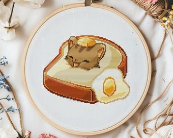 Cute breakfast cat cross stitch pattern. Cat, butter, egg and bread pattern. Kawaii cat food cross stitch. No AI Easy cross stitch pattern
