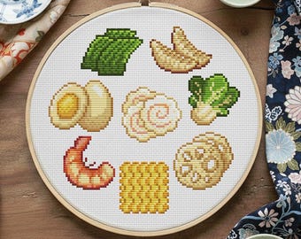Japanese Ramen Ingredients Cross Stitch Pattern : Kawaii gyozas, noodles, lotus roots, seaweeds, narutomaki, shrimp, baby choï ...
