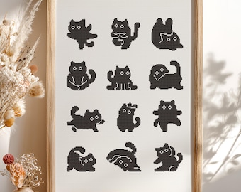 Cute minimalist black cats doing yoga cross stitch pattern. Monochrome black and white pattern. Kawaii meditation kitten embroidery