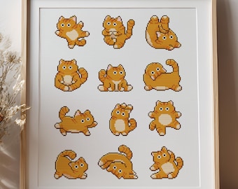 Cute & relaxing ginger cats doing yoga cross stitch pattern. Minimalist Kawaii meditation orange kitten embroidery