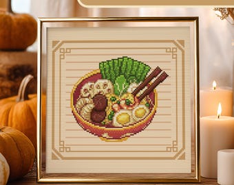 Traditional Tokyo Ramen Cross Stitch Pattern. Seaweed, mushroom, japanese gyozas, noodles, etc.... Coloured + blank background version
