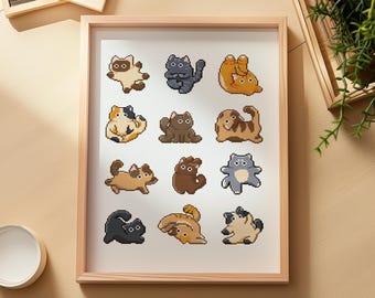 Cute minimalist cats doing yoga cross stitch pattern.  Tuxedo, siamese, black cat, ginger cat... Kawaii meditation kitten embroidery