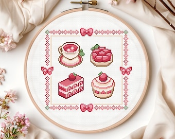 Cute Coquette Strawberry Cross Stitch Pattern: Summer Desserts, Kawaii Fruit (PDF Pattern + Pattern Keeper PDF)