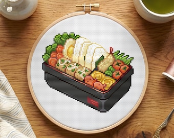 Japanese Anime Bento box Cross Stitch Pattern: Kawaii Japan onigiri, takoyaki, omelet, eby fry, octopus sausage . Tokyo style needlepoint