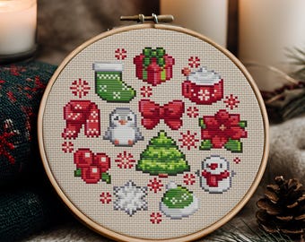 My Cozy Christmas Starter Pack Cross Stitch Pattern: Kawaii Thanksgiving items. Cute snowy Santa stitches (PDF Pattern + Pattern Keeper PDF)