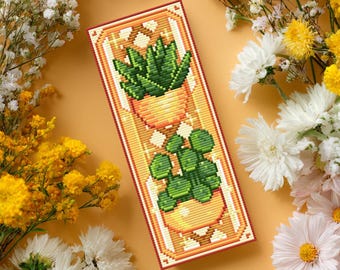 Houseplants cross stitch pattern. Cute gardening bookmark. Kawaii leaf cross stitch. No AI Easy cross stitch pattern plants. Succulent
