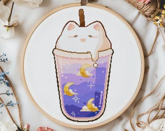 Cute Cat Bubble Tea cross stitch pattern. Blue boba tea pattern. Kawaii cat cafe cross stitch. No AI Easy cross stitch pattern. Cat paws
