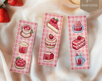 Cute Strawberry Cross Stitch Pattern Bundle: Coquette Desserts Bookmark (PDF Pattern + Pattern Keeper PDF)