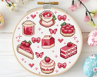 Strawberry Cross Stitch Pattern: Coquette Kawaii Fruit Dessert ( PDF Pattern + Pattern Keeper PDF )
