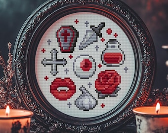 Glam Gothic Vampire Items Cross Stitch Pattern: Cute Spooky Halloween illustrations chart (PDF Pattern + Pattern Keeper PDF)