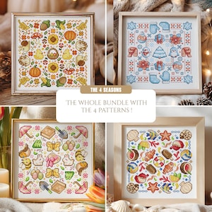 May include: Four framed cross-stitch patterns depicting the four seasons. The autumn pattern features pumpkins and sunflowers. The winter pattern includes mittens and snowflakes. The spring pattern shows butterflies and gardening tools. The summer pattern displays seashells and beach items. Text reads: "THE 4 SEASONS THE WHOLE BUNDLE WITH THE 4 PATTERNS!"