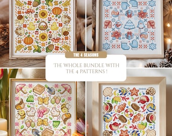 Mega bundle - 4 seasons Cross Stitch Pattern: Kawaii fall, winter, spring and summer Square Shaped (PDF Pattern + Pattern Keeper file)