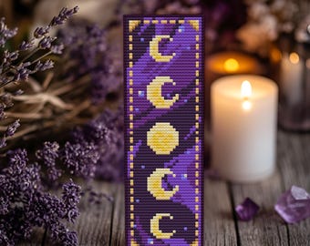 Marcapáginas de fase lunar morado, patrón de punto de cruz: Diseño de Tarot Celestial (Patrón en PDF + Guía de patrones en PDF)
