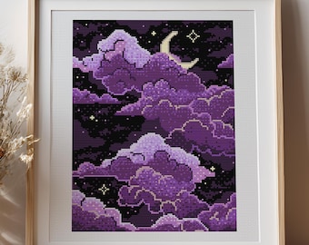 Cloudy starry night Cross Stitch Pattern: Purple Celestial scene with a crescent moon and shining stars (PDF Pattern + Pattern Keeper file)