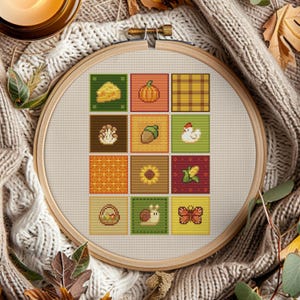 May include: A cross-stitch embroidery hoop featuring a grid of autumn-themed squares. Each square depicts a different fall element, including a pumpkin, acorn, sunflower, and butterfly. The embroidery is set against a neutral fabric, and the hoop is made of wood.