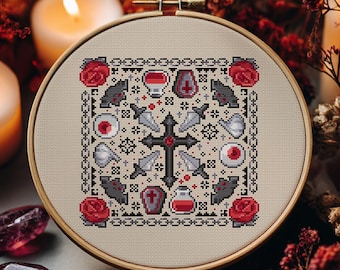 Glam and Gothic Vampire Cross Stitch Pattern: Cute & Spooky Halloween Goth chart (PDF Pattern + Pattern Keeper PDF). Occult embroidery