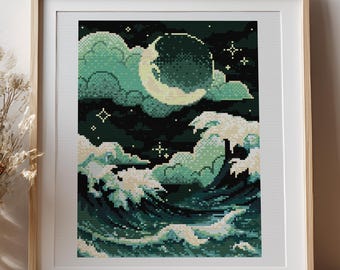 Celestial moonlight in the stormy ocean. Turquoise cloudy starry night Cross Stitch Pattern: sea, waves, crescent moon and stars