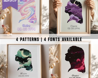Custom Cross Stitch Chart Sky / Galaxy Silhouette Portrait. Quick Turnaround. Personalized Digital Portrait. DIY gift for mom / Grandparents