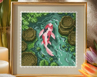 Japanese Zen Water Lily Koi Pond Cross Stitch Pattern: Square Shaped Spring Relaxing River Stamp  (PDF Pattern + Pattern Keeper PDF)