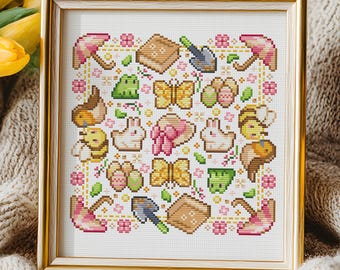 My Cute Spring Composition Cross Stitch Pattern: Kawaii Coquette Cottagecore Square Shaped Design (PDF Pattern + Pattern Keeper file )