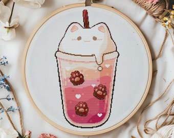 Cute Cat Bubble Tea cross stitch pattern. Pink boba tea pattern. Kawaii cat cafe cross stitch. No AI Easy cross stitch pattern. Cat paws