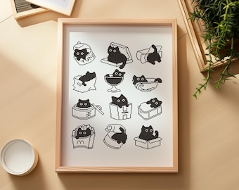 Cute minimalist black cats in boxes cross stitch pattern. Monochrome black and white pattern. Kawaii kitten embroidery