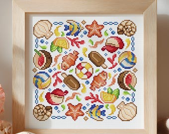 Cute & Shiny Summer Beach Composition Cross Stitch Pattern: Kawaii Seaside holidays Square Shaped Design (PDF Pattern + Pattern Keeper file)