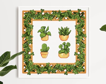 Houseplants Cross Stitch Pattern: Kawaii Plants, Easy Beginner Design. Cactus, Succulent (PDF Pattern + Pattern Keeper PDF)