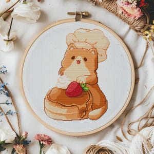 Cute cooking cat cross stitch pattern. Pancake & strawberry pattern. Kawaii cat cafe cross stitch. No AI Easy cross stitch pattern pastry