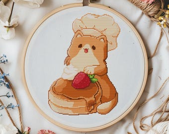 Cute cooking cat cross stitch pattern. Pancake & strawberry pattern. Kawaii cat cafe cross stitch. No AI Easy cross stitch pattern pastry