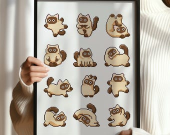 Cute & relaxing siamese cats doing yoga cross stitch pattern. Minimalist Kawaii meditation kitten embroidery