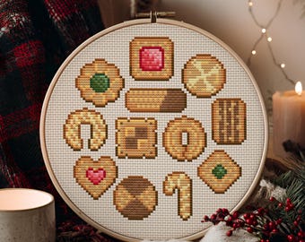 Cute Santa Claus Biscuits Cross Stitch Pattern: Kawaii Christmas Cookies embroidered on hoop. (PDF Pattern + Pattern Keeper PDF)