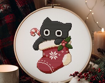 The Cute Christmas Black Cat Cross Stitch Pattern: Kawaii kitten in a Santa Sock with a candy cane. (PDF Pattern + Pattern Keeper PDF)