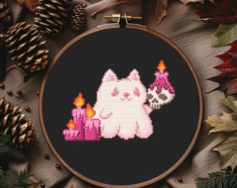Halloween cross stitch pattern. Cute cat ghost with skull & candles. Kawaii Ghost cross stitch. No AI Easy cross stitch pattern. Spooky