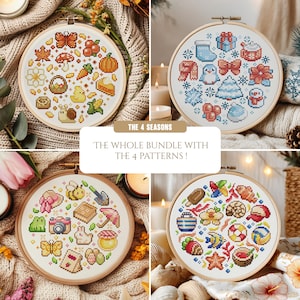 May include: Four cross-stitch patterns in wooden hoops, each representing a season. The designs include autumn leaves, winter gifts, spring flowers, and summer beach elements. The text reads "THE 4 SEASONS" and "THE WHOLE BUNDLE WITH THE 4 PATTERNS!"