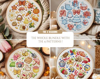 Mega bundle - 4 seasons Cross Stitch Pattern: Kawaii fall, winter, spring and summer Circle Shaped (PDF Pattern + Pattern Keeper file)