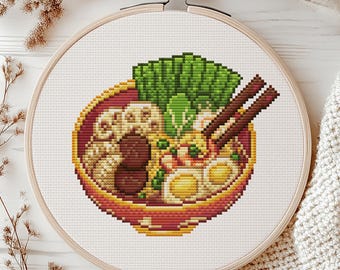 Japanese Anime Shrimp Ramen Bowl Cross Stitch Pattern: Kawaii Japan gyozas, noodles, seaweed, lotus roots, mushrooms, ...