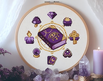 Purple Magic Witchy Cross Stitch Pattern: Celestial Tarot Spell Book (PDF Pattern + Pattern Keeper PDF)