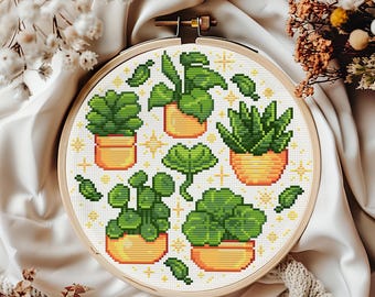 Houseplants Cross Stitch Pattern: Kawaii Plants, Stars, Succulent (PDF Pattern + Pattern Keeper PDF) Beginner Friendly
