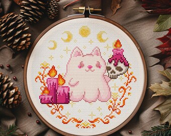 Halloween Cat Ghost Cross Stitch Pattern: Kawaii Skull, Candles and moon phases (PDF Pattern + Pattern Keeper PDF) Beginner Friendly
