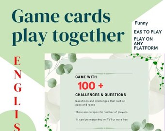 May include: A promotional graphic for a card game. The design features the text "Game cards play together" in a teal font on a light green background. Additional text includes "Funny", "Easy to play", and "Play on any platform". The game includes 100+ challenges and questions.