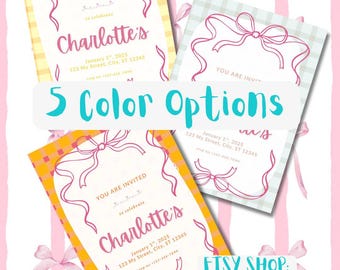 Girly Bow Gingham Birthday Invitation, First Birthday Party, DIGITAL DOWNLOAD Link