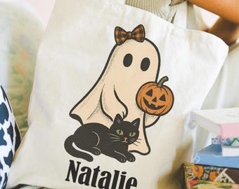 Personalized Halloween Tote Bag, Customized Black Cat Ghost Canvas Tote Bag for Trick or Treat, Custom Halloween Goodie Gift Bags, Fall Tote
