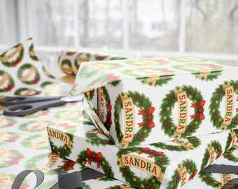 Elegant Custom Name Christmas Wrapping Paper, Personalized Christmas Wreath Gift Wrap with Name, Personalized Christmas Gift Wrapping Paper