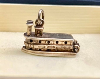 Vintage 70's "STEAMBOAT CHARM" by Danecraft - Yellow Gold Plated Nickel Silver- Charm With Playful Turning Paddleboat Wheel - Rare Find