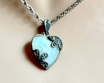 Vintage 80's "MARCASITE Mother-of Pearl HEART PENDANT" 2 Sided pendant