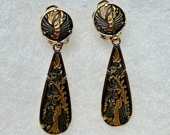 Vintage "SPANISH EARRINGS by ANFRAMA"  24K Gold Plated - Clip On Dangle Earrings - Mosaic Hand Gilding Damascus Steel -Rare Find